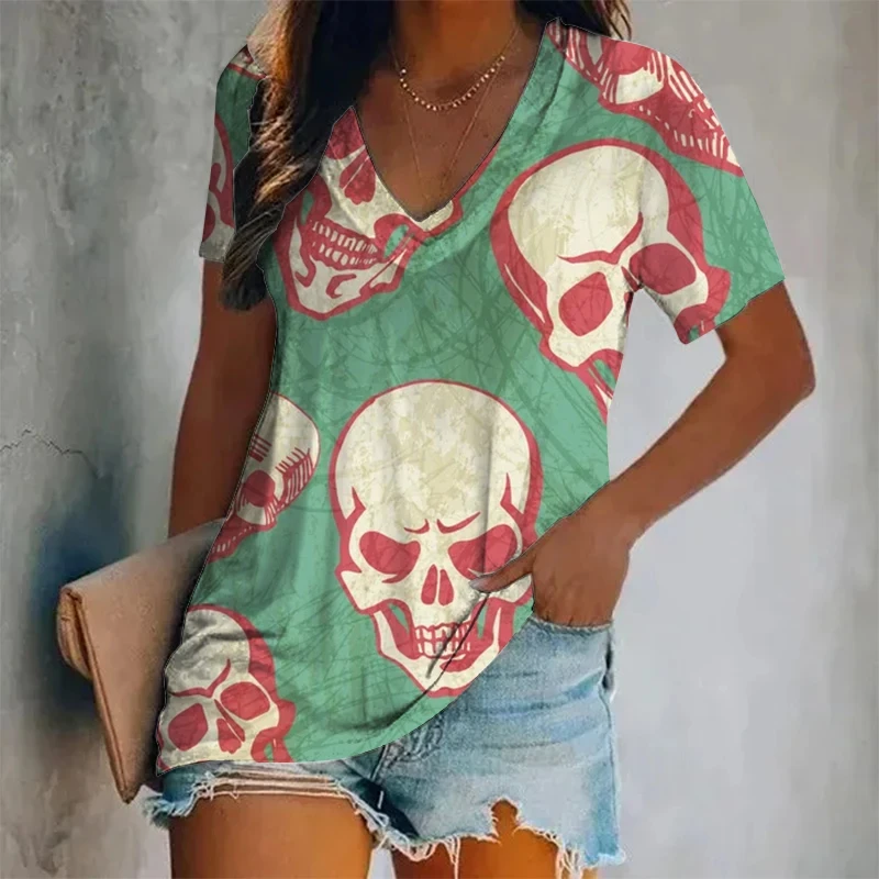 Summer Women Vintage T-shirt Colorful Skull V-Neck Tops Tees Female Fashion Short Sleeve Clothing Ladies Casual Stylish Outfit