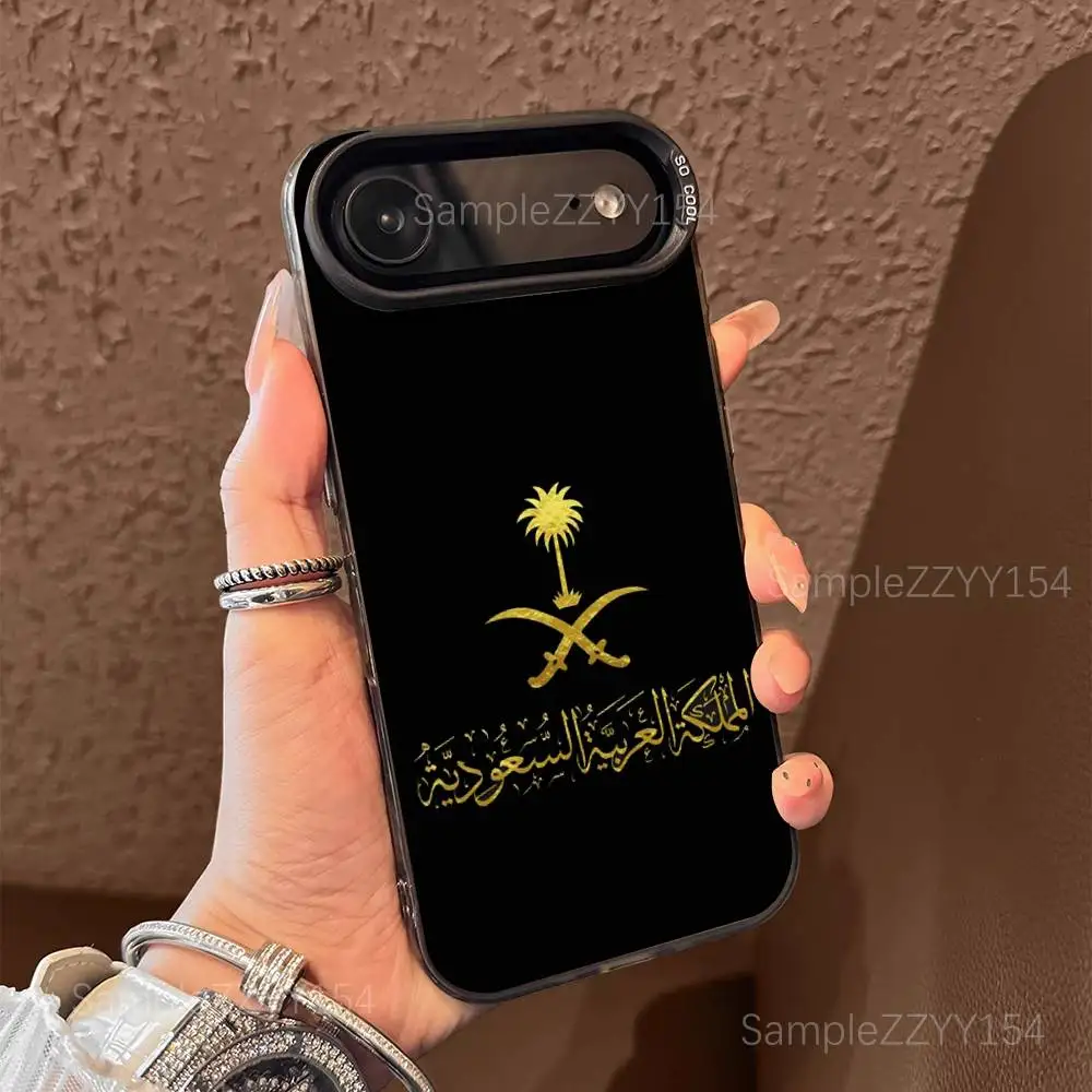 حافظة هاتف بعلم المملكة العربية السعودية لهاتف آيفون 17,16,15,14,13,12,X,8,Pro,Max,Plus,E,SE4,Air,Mini Black IMD Matte #3