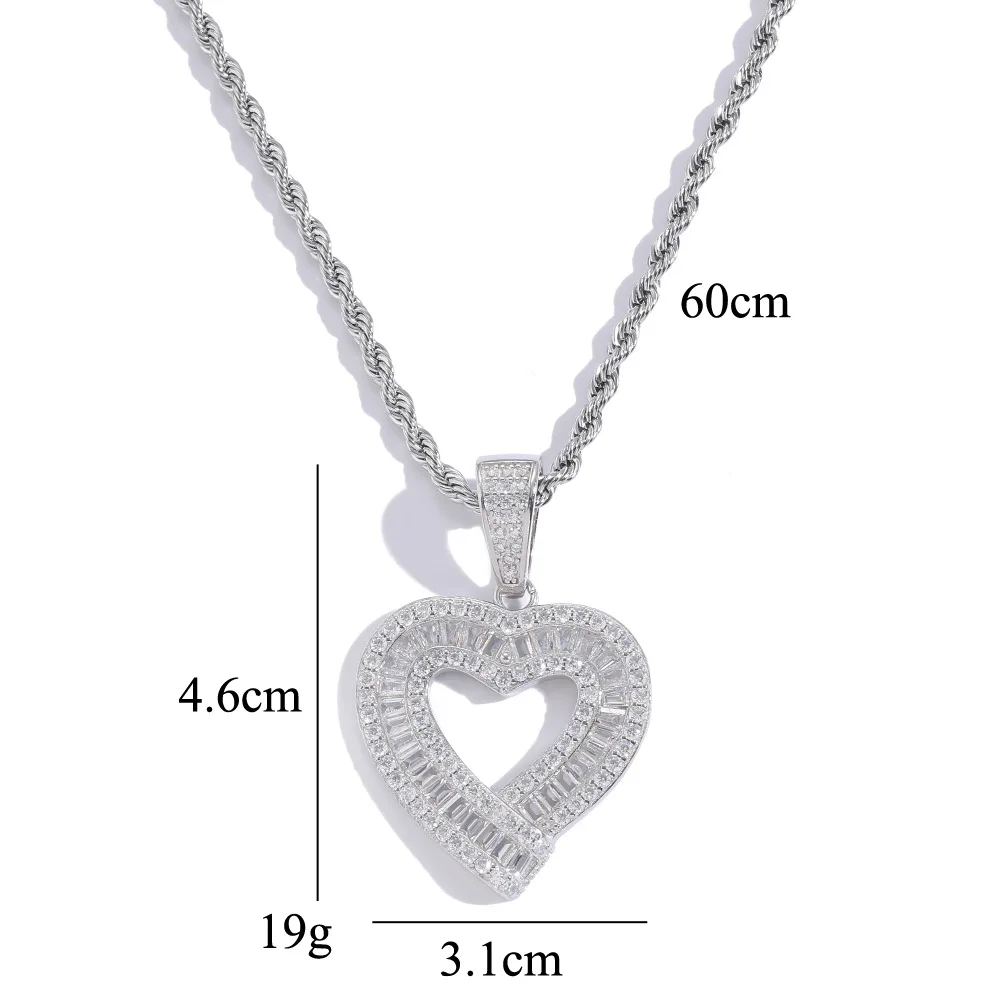 S925 Sterling Silver Hip Hop CZ Stone Paved Bling Ice Out Heart Pendants Necklaces for Men Women Lovers Unisex Rapper Jewelry