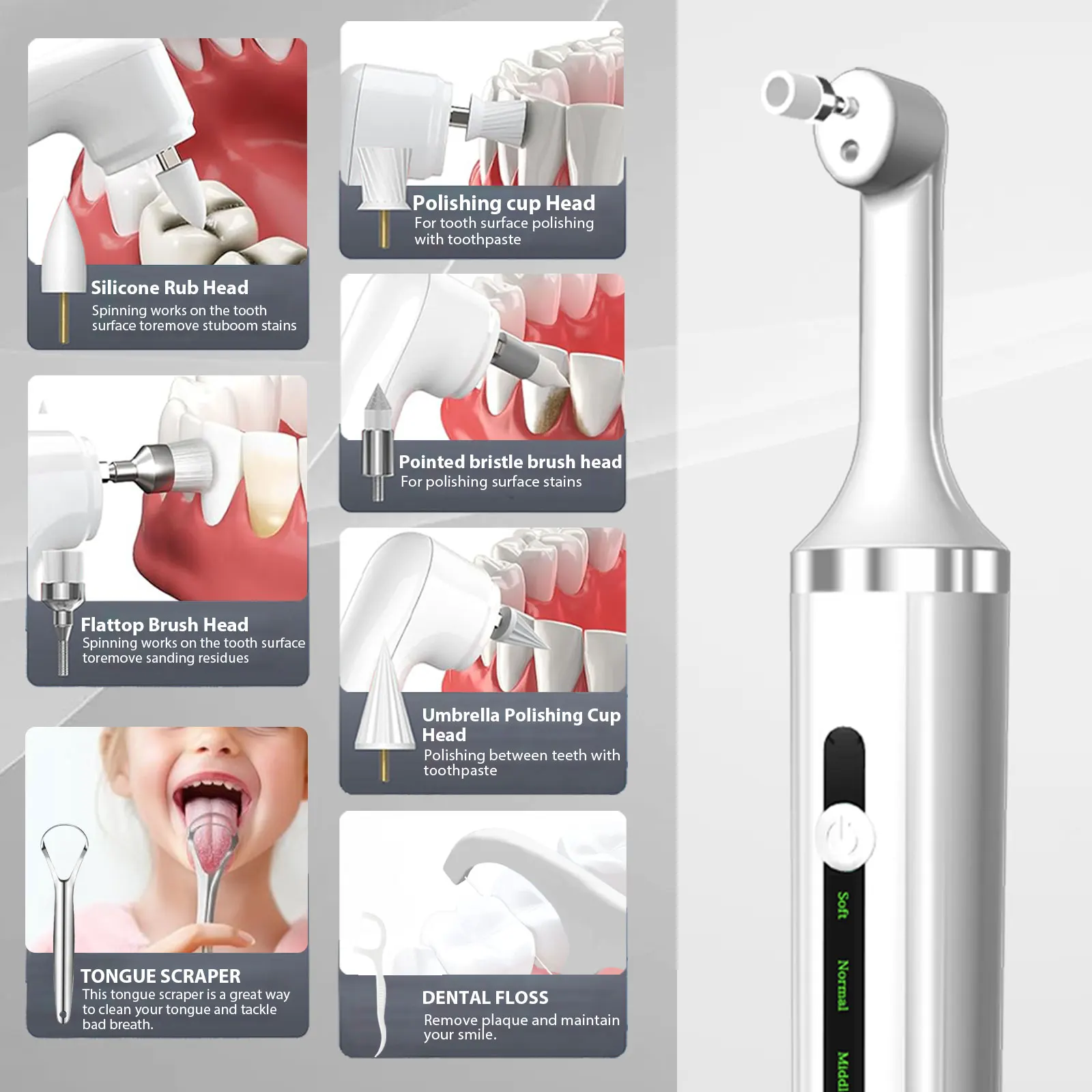 Electric Tooth Polisher Teeth Whitening Cleaner 5 Speed Modes With 5 Brush Heads LED Light Plaque Dental Tartar Remover Tool Set