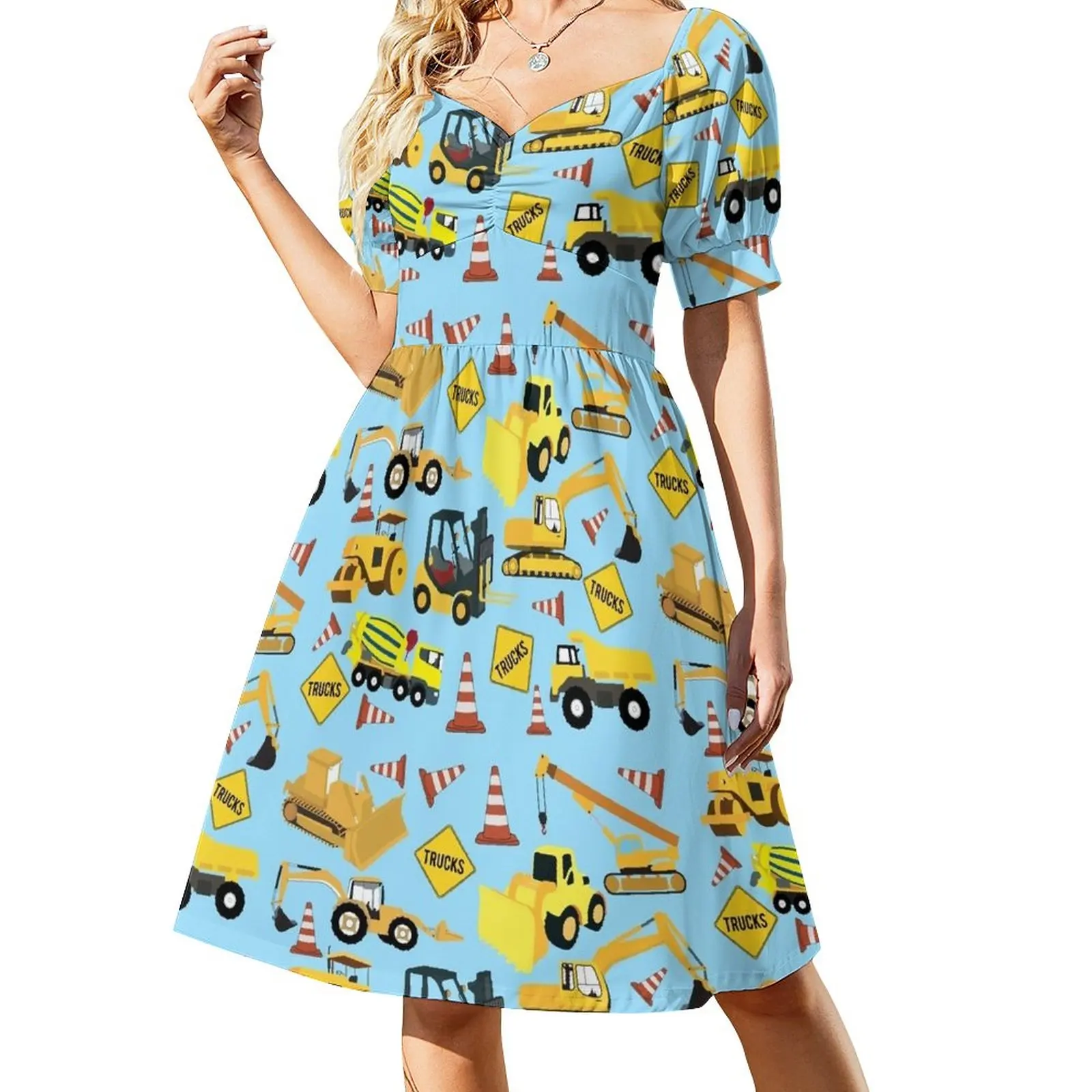 

Construction Trucks Vehicles Pattern - Excavator, Dump Truck, Backhoe and more. Sleeveless Dress luxury woman party dress