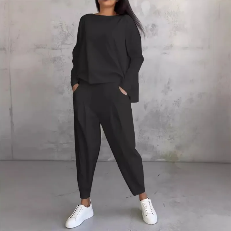 Women Office 2 Piece Set Autumn New Solid Long sleeve Hoodie&Pants Suits Women's Loose Fashion Pocket Small Feet Trousers Sets