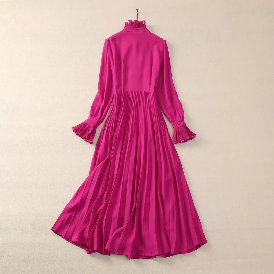 Europe and the United States women's 2024 spring new Bow stand collar Horn sleeve long sleeve rose red fashion Pleated dress XXL