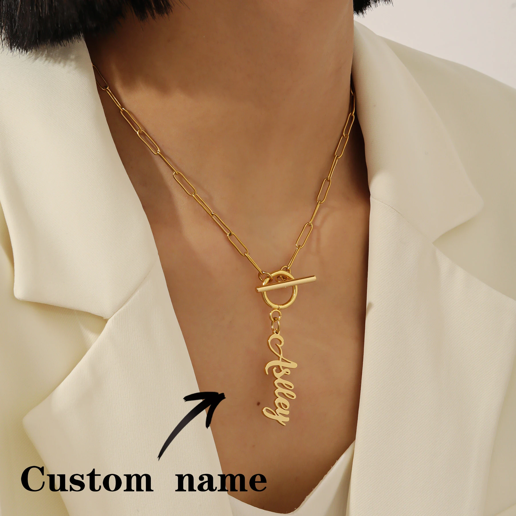 

Custom Name Necklace Stainless Steel Gold Plated Flat Chain OT Clasp Artistic Handwritten Font Pendant Personalized Christmas