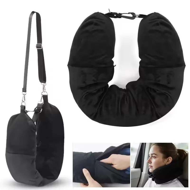 Travel Neck Pillow Storage Bag Portable Plush Convertible 2 in 1 Flight Airplane Shoulder Bag Washable Travel Essentials