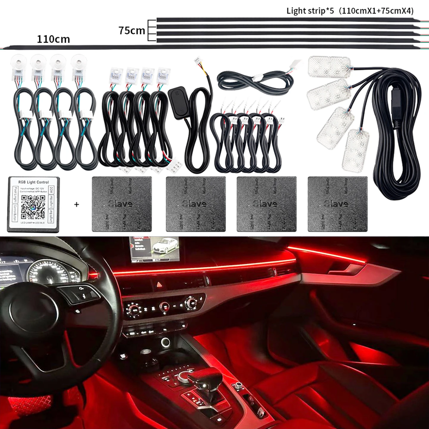 

Универсальный автомобильный светодиодный светильник 18 в 1, RGB, 64 цвета, неоновый акрил, скрытая атмосферная световая полоса, украшение интерьера с приложением 12 В