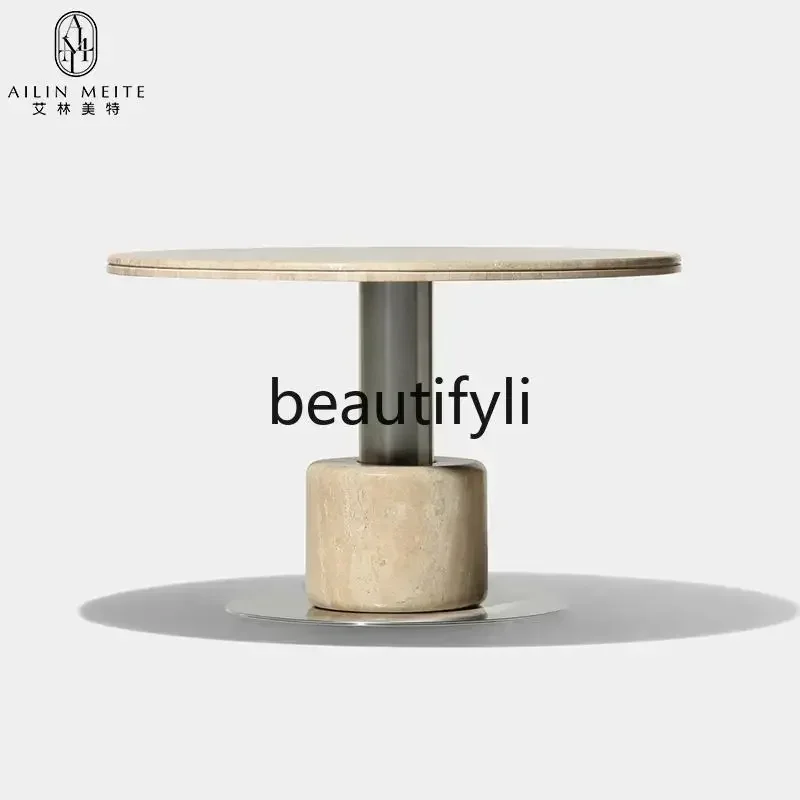 

Nordic simple natural travertine dining table light luxury designer creative marble dining table round tableQQQ