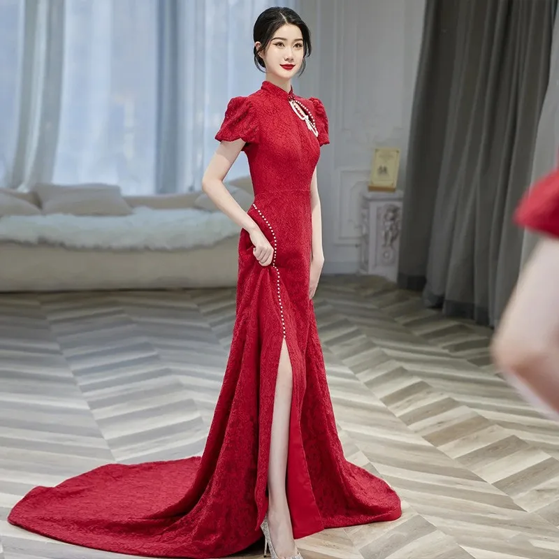 

Elegant Lace Flower Wedding Dress Backless Qipao Women Sexy Hollow Out Cheongsams Bride Vestidos Chinese Dresses Ball Gown