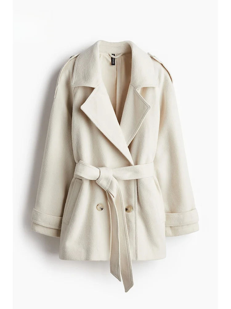 H&M 여성용 캐주얼 슬레 겨울 코트, 롱 슬리브 레귤러 핏, 2024년 가을 컬렉션, 패셔너블한 울 피코트