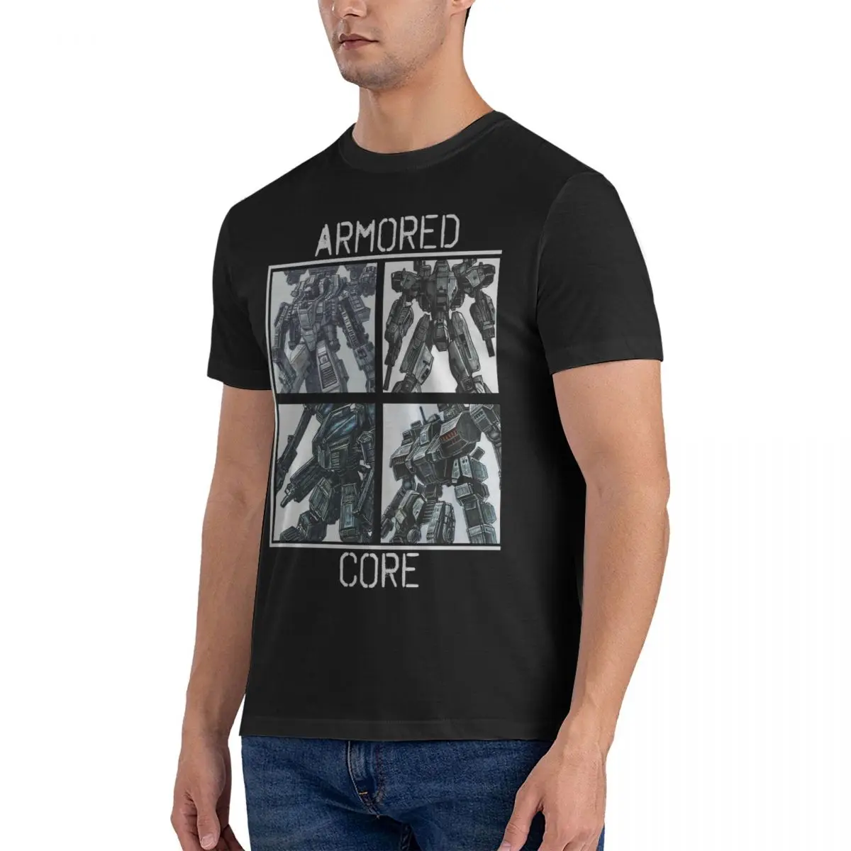 Men T-Shirts Four Mecha Cool Pure Cotton Tee Shirt Short Sleeve Armored Core T Shirts O Neck Tops Unique