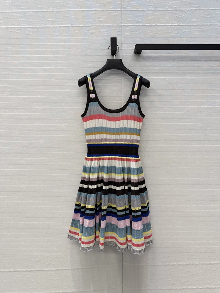 Spring Summer Fashion Party Vintage Striped Knitting Mini Dress Women's Spaghetti Strap O-Neck Elastic Waist A-Line Short Dress