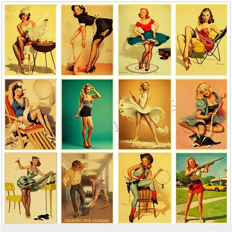 Vintege Poster New World War II Sexy Pin Up Girl Sticker Kraft Paper Posters and Prints Wall Art Picture for Living Room Cuadros