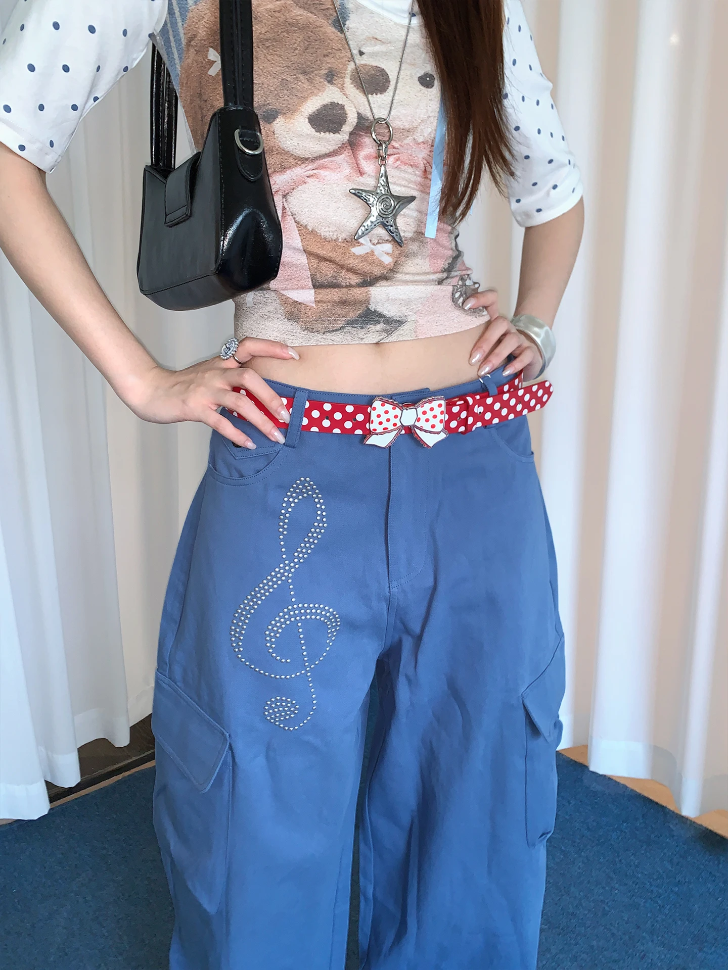 Sweet And Cool Y2K Bowknot Polka Dot Belt Women's Dopamine Sweet Metal Buckle Belt With Jeans Belt