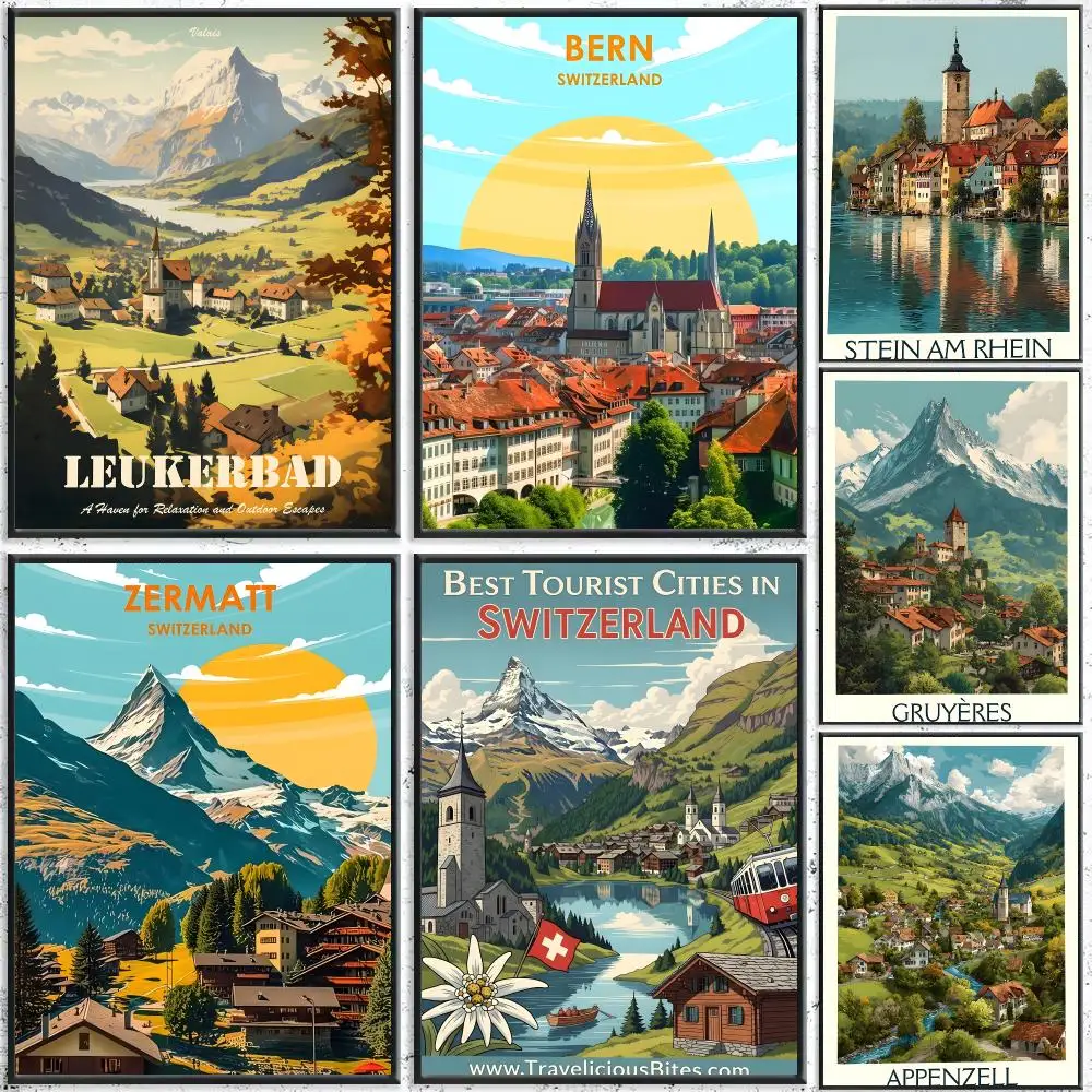 Landscape Swiss Town Poster Self-Adhesive Waterproof Wall Stickers Coffee Bar Home Wall Decor