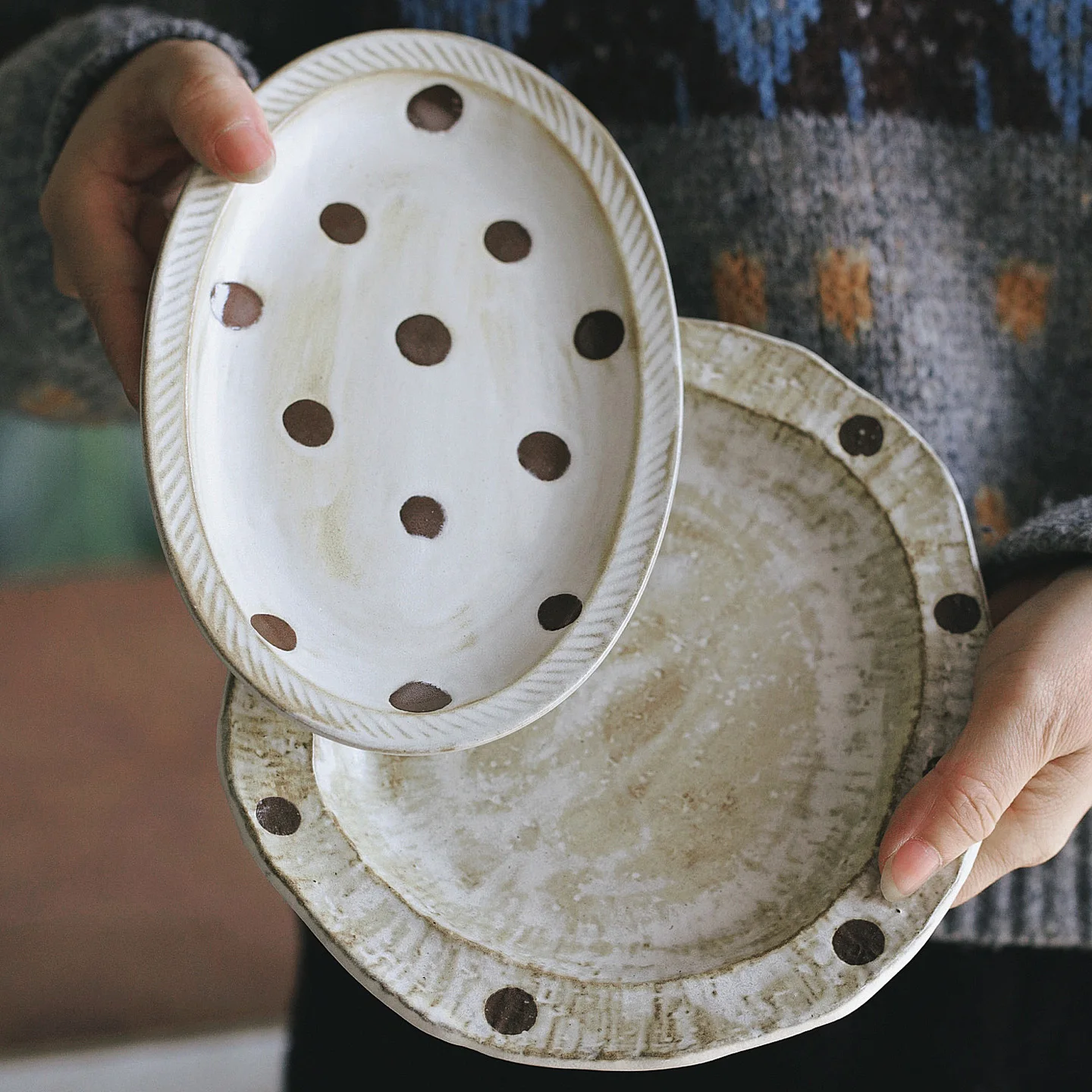 

Retro Polka Dot Oval Cerc Plate for Sui Steak Salad Dert Sake Cold Di Durable Microwave And Diwaer Se