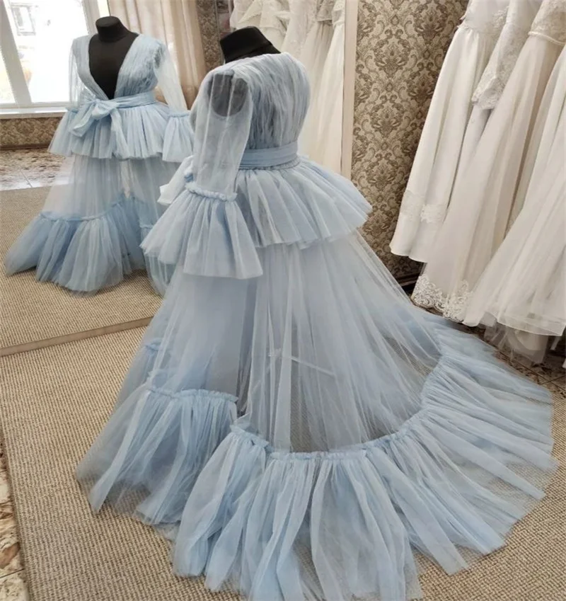 Women Prom Dress Sexy V Neck Full Sleeves A Line Belted Sleepwear Evening Gown Customized Tulle Mesh Formal Bridal Robe