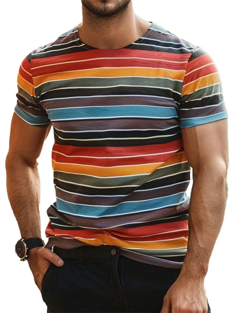 Fashion Men's Retro Multi Color Striped T-Shirt Outdoor Crew Neck Short Sleeve Casual Rainbow Stripe Summer Daily Wear Tee Tops