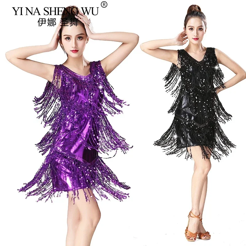 Abito da donna con frange con paillettes Abito da ballo latino senza maniche lucido Tango Samba Costume da ballo per sala da ballo Jazz Salsa Party Wear