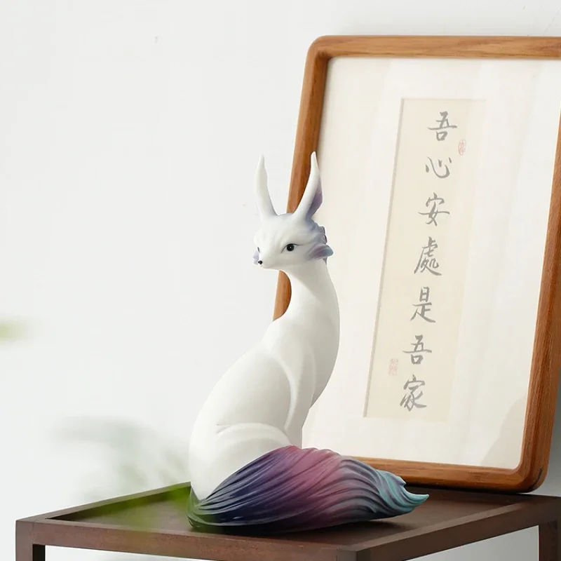 White Porcelain Ceramic Nine-tailed Fox Fox Creative Ceramic Crafts Animal Colorful Spirit Fox Ornament