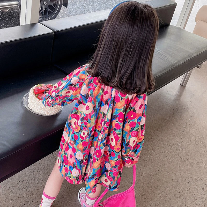 Spring Autumn New Girls Princess Dress Full Print Flowers Long Sleeve Lapel Collar Dress For 2-8 Years Girls Casual Shirt Skirt