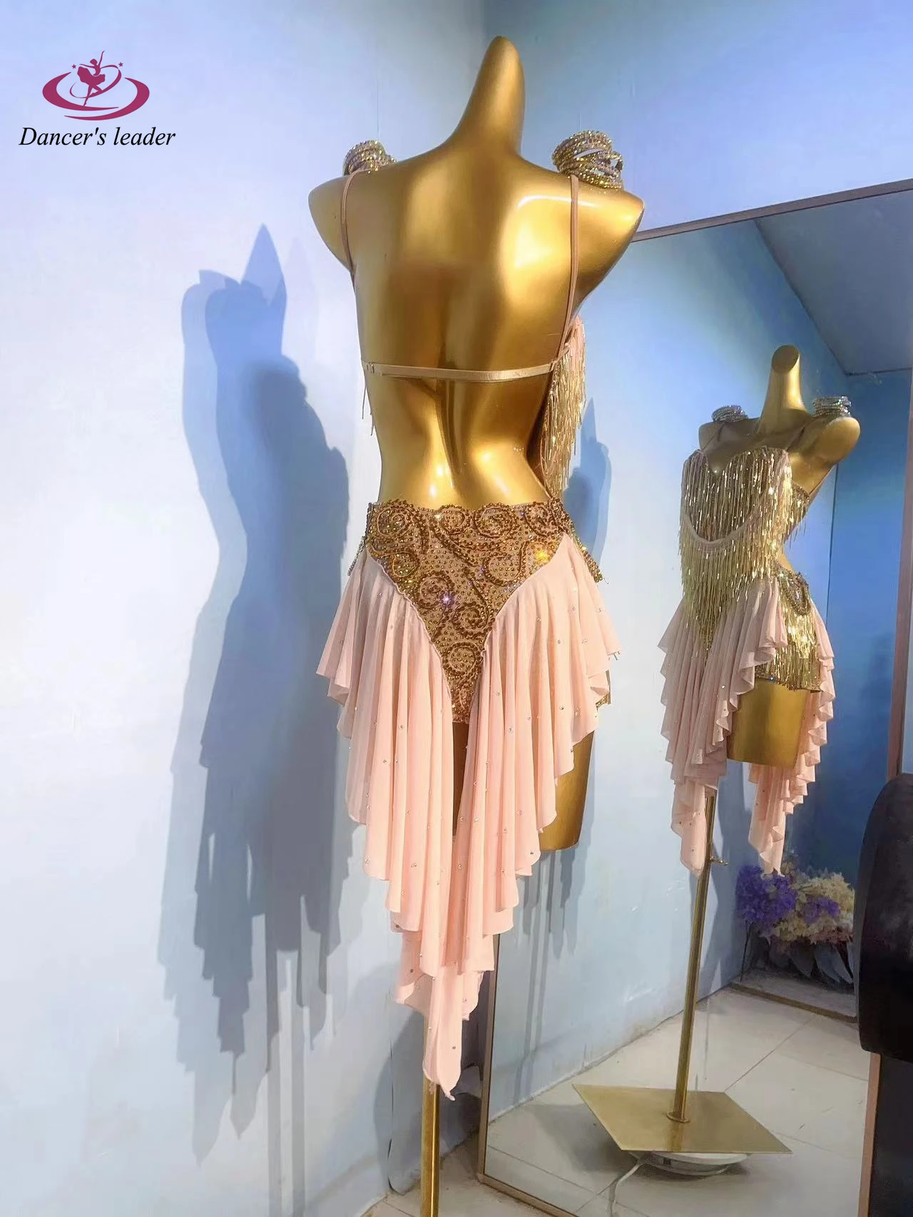 Latin danswedstrijd dames high-end op maat gemaakte gouden kraal buis plooirok Samba prestaties strass kledingjurk