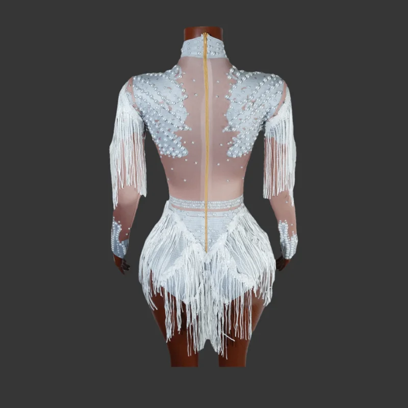Sparkly Rhinestones Sequins Tassel Bodysuit for Women Sexy Performance Dance Costume Singer Bar Dancer Stage Birthday Drag Queen
