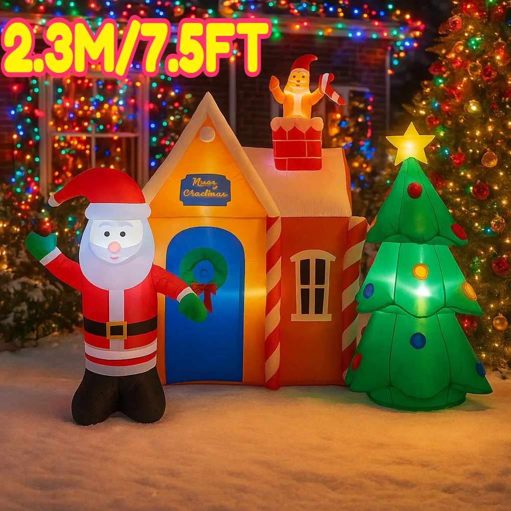2.3M/7.5FT Inflatable Santa Claus House Christmas Tree LED Lights Home Decorations Toys Yard Xmas Holiday Supplies Ornaments
