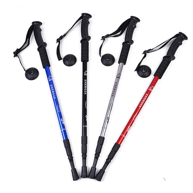 Anti Shock Trekking Pole Telescopic Folding Straight Handle Three-section Walking Hiking Crutches Walking Stick Outdoor