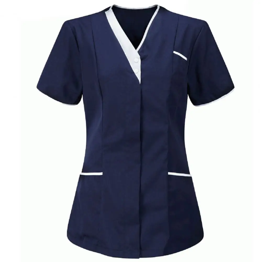 Nurse Uniform Scrubs Tops Women V-neck Short Sleeve Pockets Overalls Uniforms Patchwork Color Nursing Working Tops Workwear
