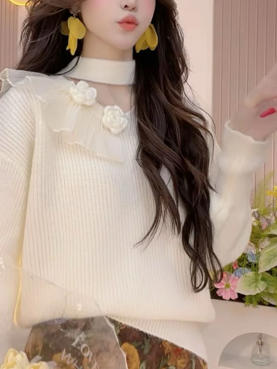 Blue Knitted Hollow out Sweater Women's Autumn Winter plus Size Fluffy Warm Floral 3D Aosphere Sense Slimming Top Trendy