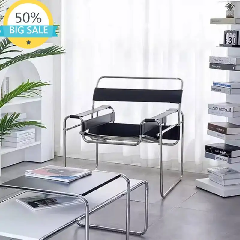 Classic Wassily Style Armchair Metal Frame With Leather Iconic Mid-Century Modern Accent Chair For Living Room Decor