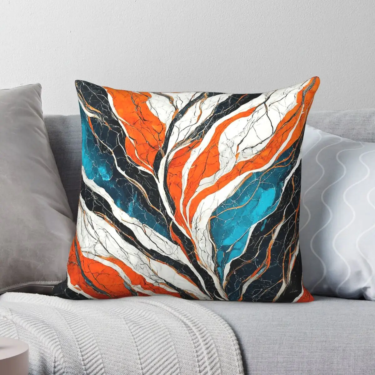 Orange Deep Blue Fractured Marble Square Pillowcase Polyester Linen Velvet Printed Zip Decor Pillow Case Bed Cushion Cover