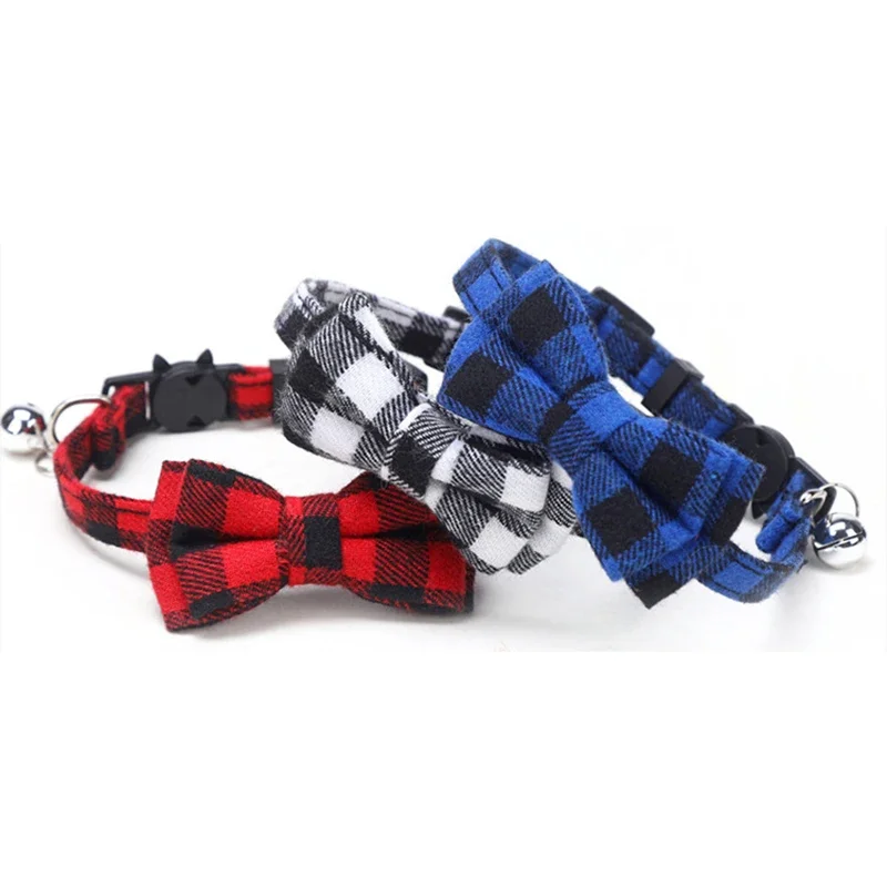 Bowknot Breakaway Cat Kitten Collar Bow Tie Adjustable Dog Collar with Bell Plaid Safety Buckle Christmas Pet Collar Necklace