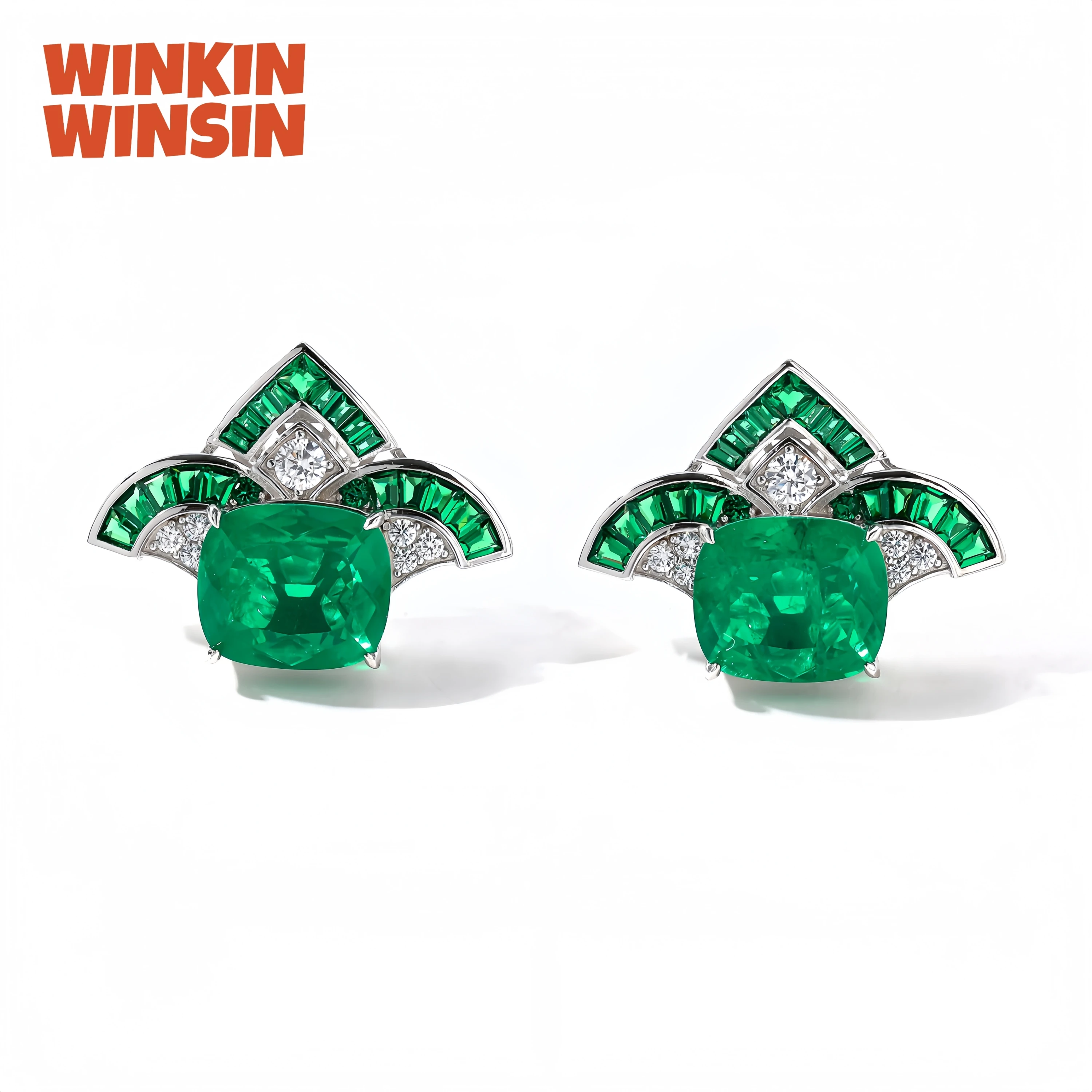 

WINKIN WINSIN Brand MST Sterling Silver Fan Shaped Emerald Earring Lab Grown Gemstones High Carbon Diamond Stud Earrings Jewelry