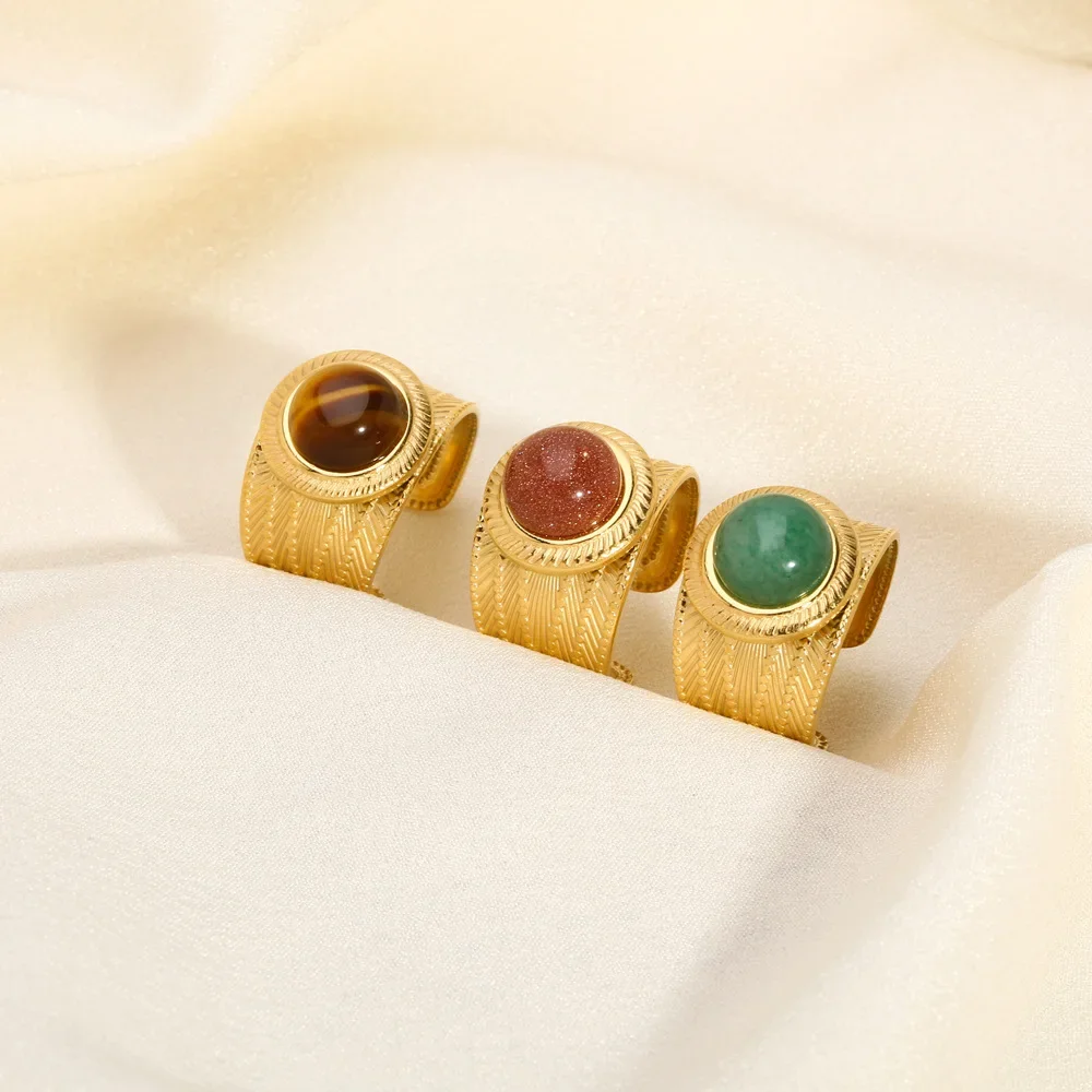 Vintage Natural Stone Turquoise Open Rings 18K Gold Plated Stainless Steel Wide Chunky Finger Ring for Women Jewelry