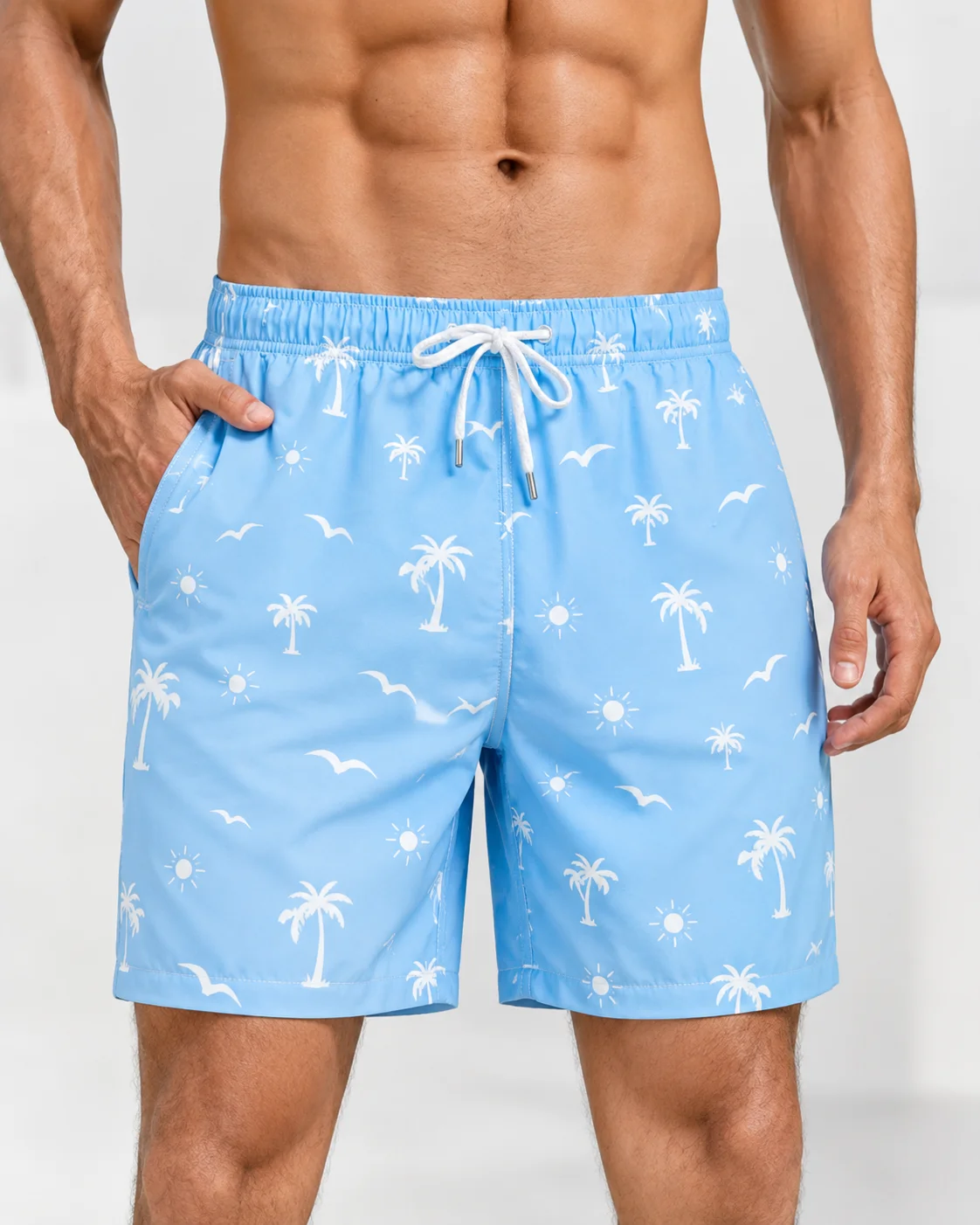 Mens Black Palm Tree Seagull Print Swim Shorts Quick Dry Drawstring Beach Board Shorts with Pockets Vacation Swimwear
