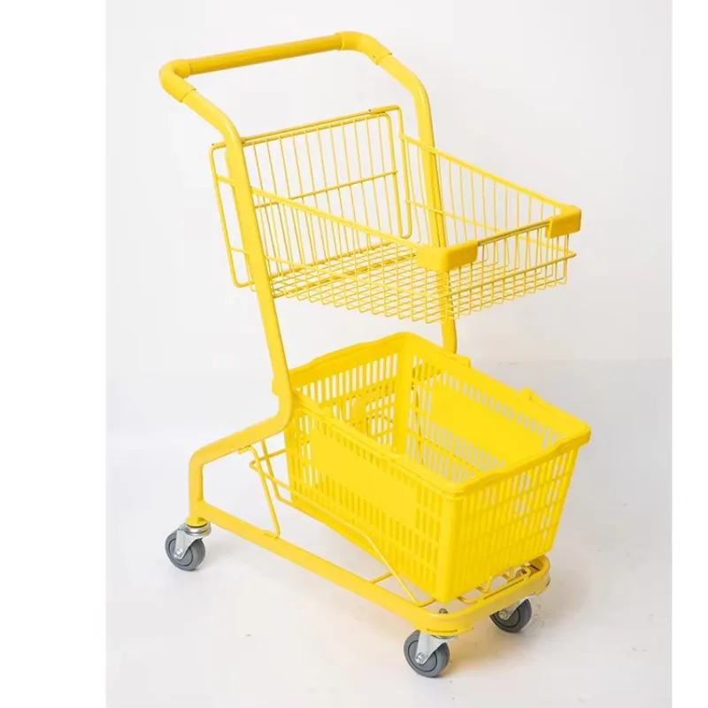 

Portable yellow double-layer supermarket metal shopping basket trolley