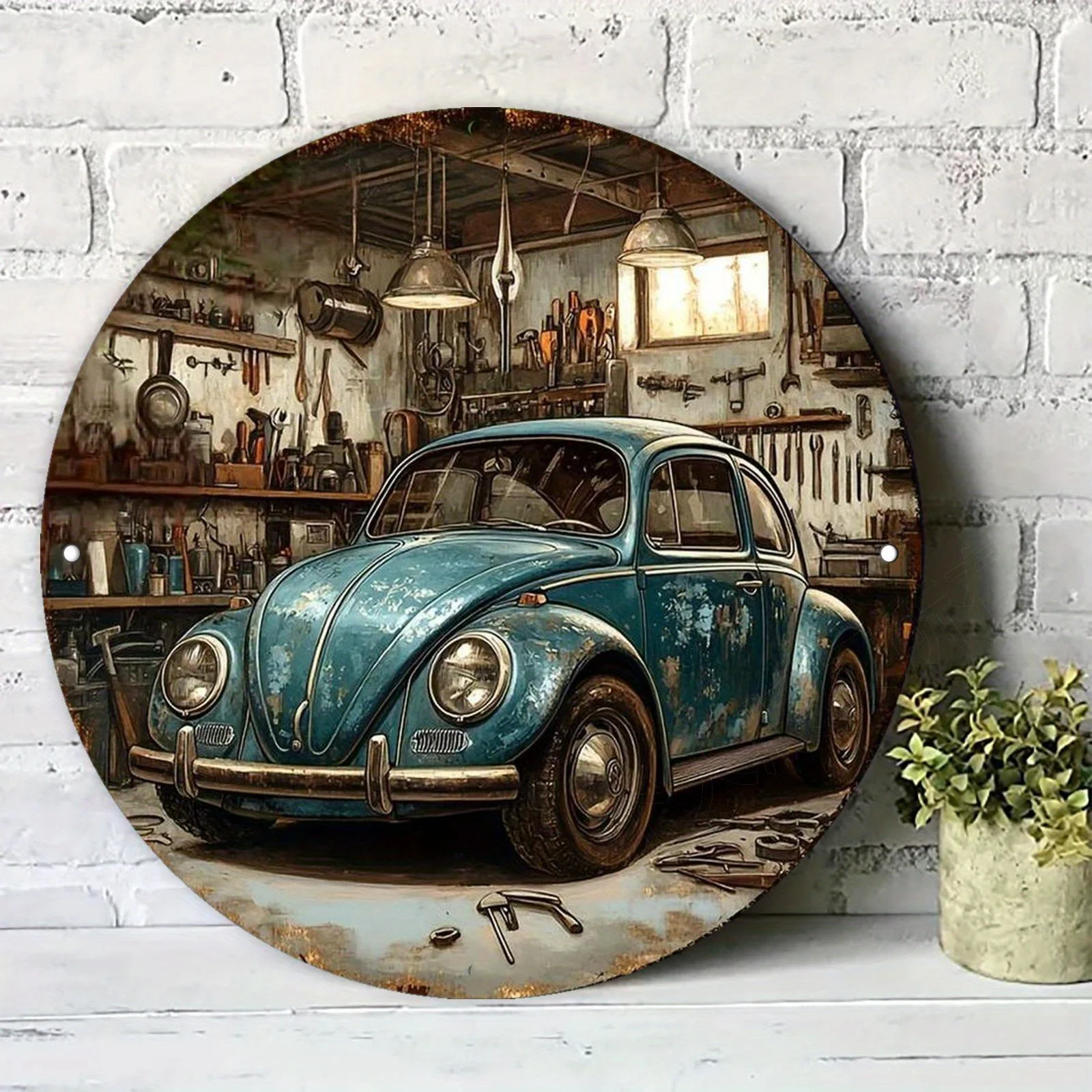 Letrero de metal redondo plano 2D, escarabajo vintage en el taller de sueños, pintura artística de aluminio de escarabajo azul adecuada para Living Ro