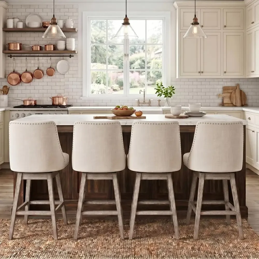 

Activity ProductSet Of 4 Cream Linen Fabric 360° Swivel Counter Height Bar Stools With Back And Wood Legs For Home, Kitchen Isla
