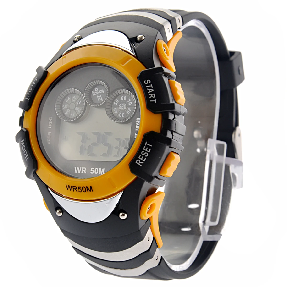 

Waterproof Watch LED Digital Display Month Date Week Day Hour Minute Second Alike A5106 Yellow Durable Plastic Case Stainless