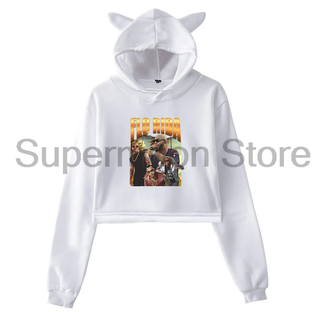 Flo Rida Rapper Vintage Graphic Pullover Female Cat Ears Hoodie Long Sleeve Crop Top Odzież damska