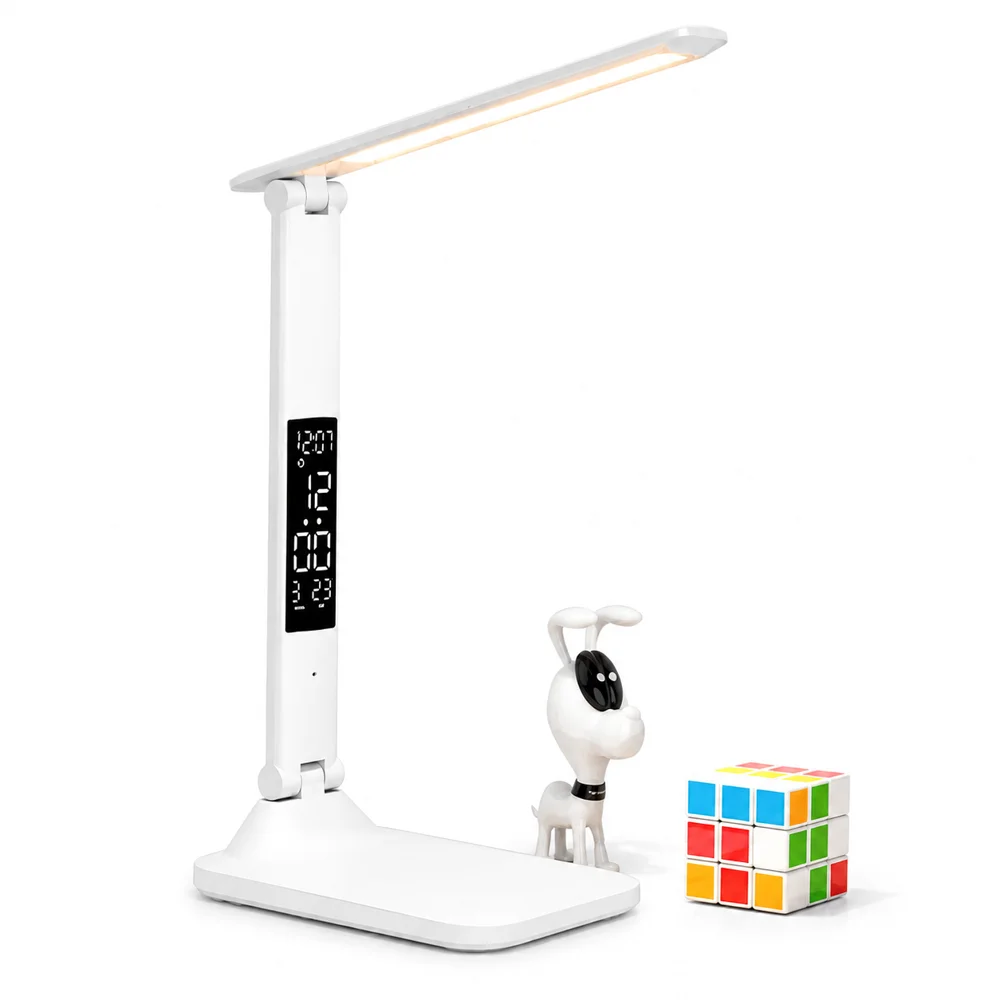 HTMCK LED Eye-caring Desk Lamp with Time Temperature Display, Touch Control 3 Color Modes Reading Lamp, USB Powered