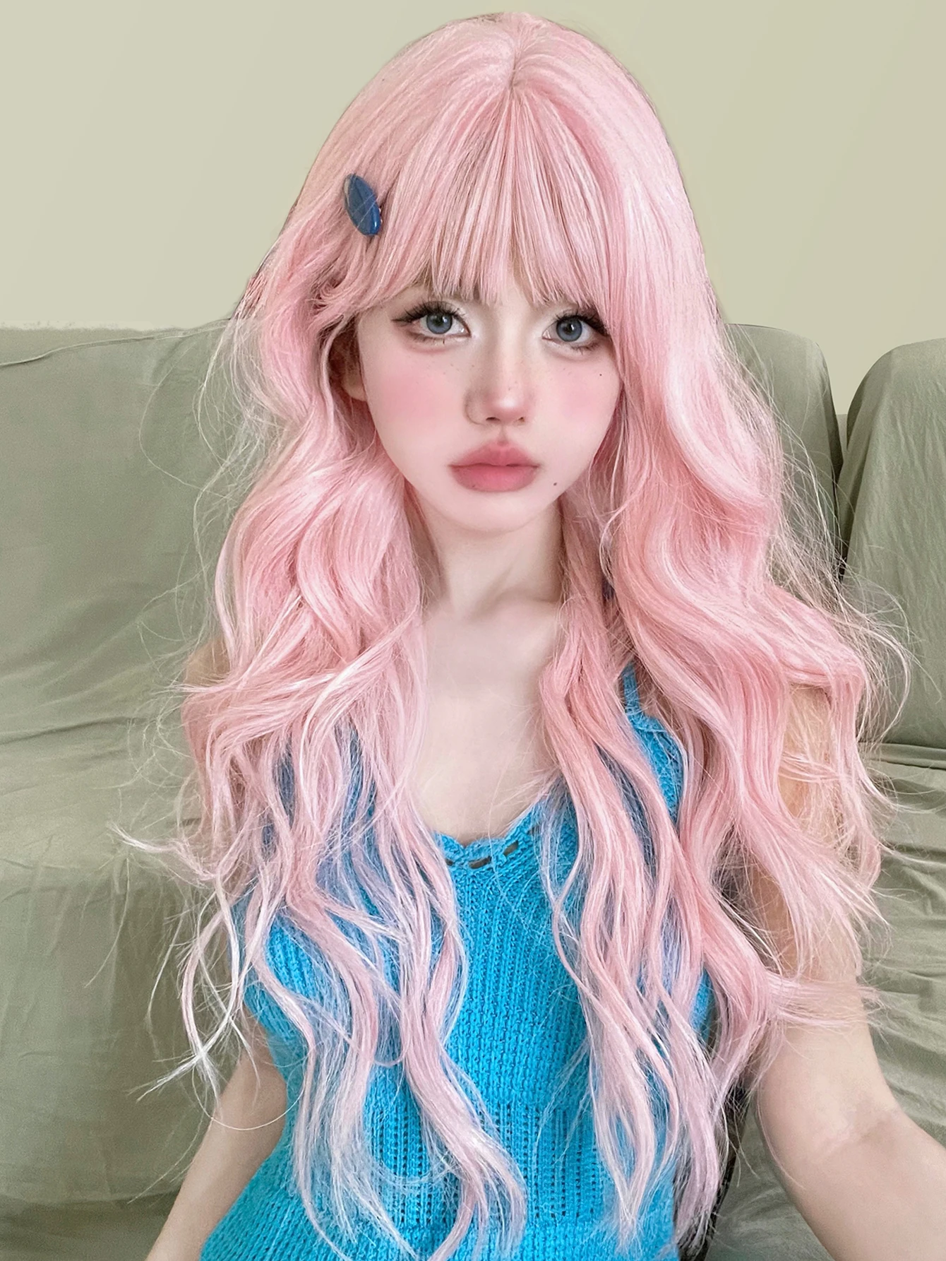 Perucas sintéticas rosa perfeitas com Franja para mulheres, cabelo ondulado natural, resistente ao calor, uso diário, cosplay, drag queen, 30"