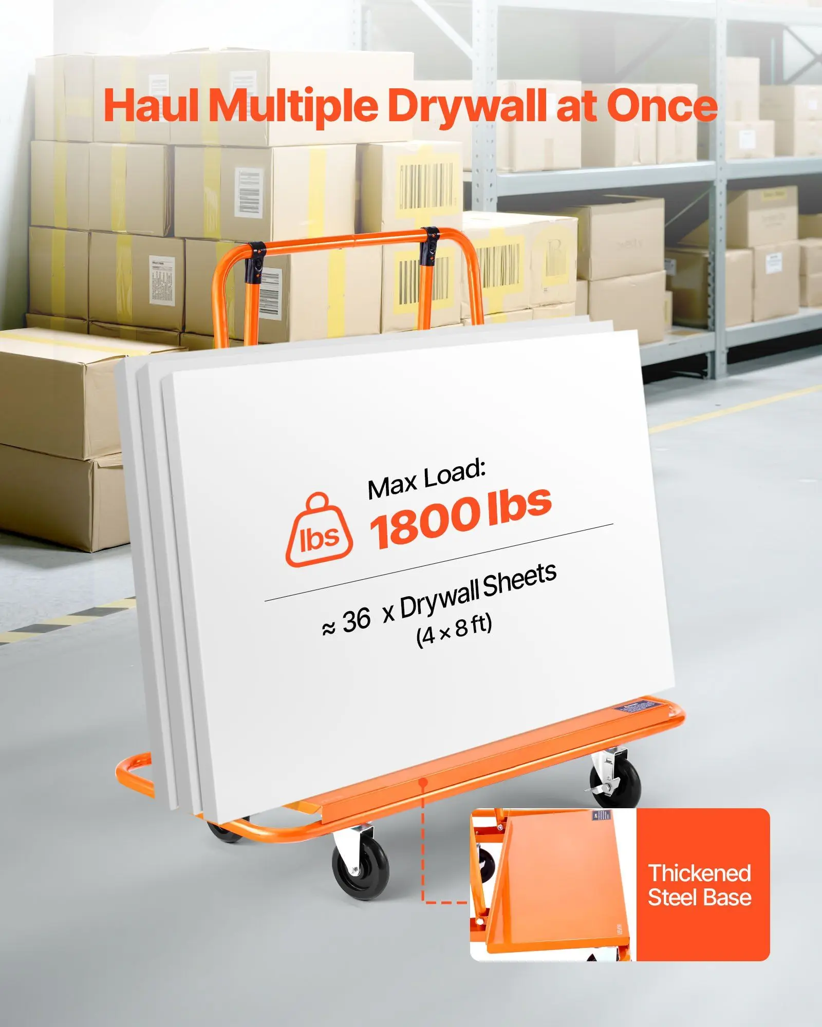 

Drywall Cart Dolly, 1800 lbs Load Capacity, Steel Panel Dolly with 4 Swivel Casters, Durable & Long-lasting, Panel Truck Cart with Tie-Down Strap for Plywood, Plasterboard, Glass, Orange