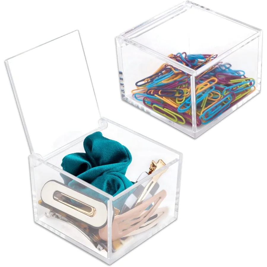 2個パック 小型透明アクリルオーガナイザー 蓋付き ペーパークリップ、付箋、綿棒、コットンボール、ヘアゴムホルダー アクリルボックス 家庭用