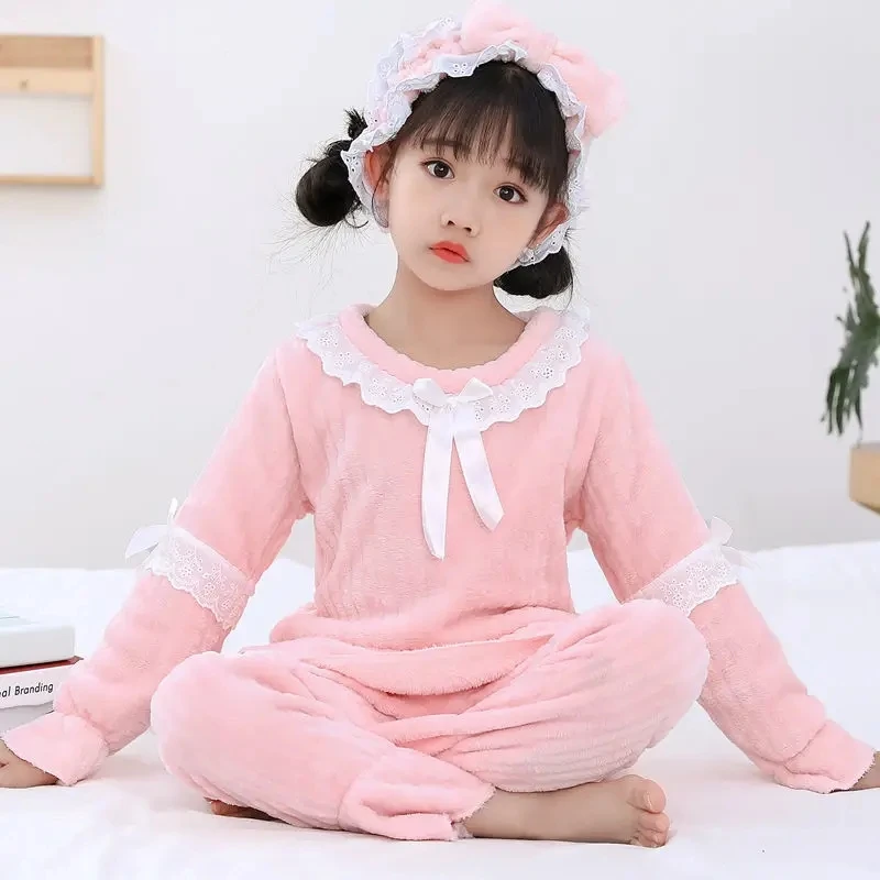 Princess Style Children Pajamas Set Simple Pure Color Flannel Girls Long-sleeved Pajamas Autumn Winter Baby Warm Home Clothes