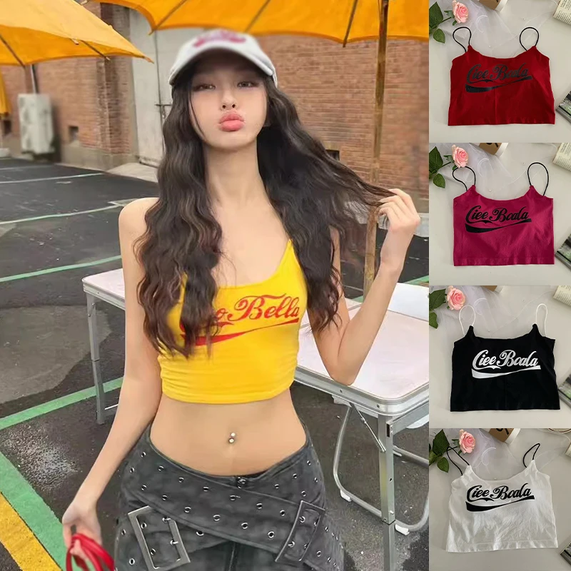 Women's Crop Top Summer American Style Letter Print Slim Fashion Expose Navel Padded Dopamine Sleeveless Tank Tops