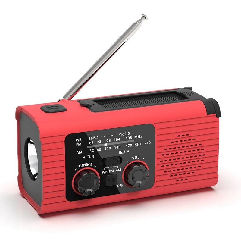 Radio d'urgence à manivelle solaire multifonction, AM FM NOAA, alarme SOS, 4000mAh