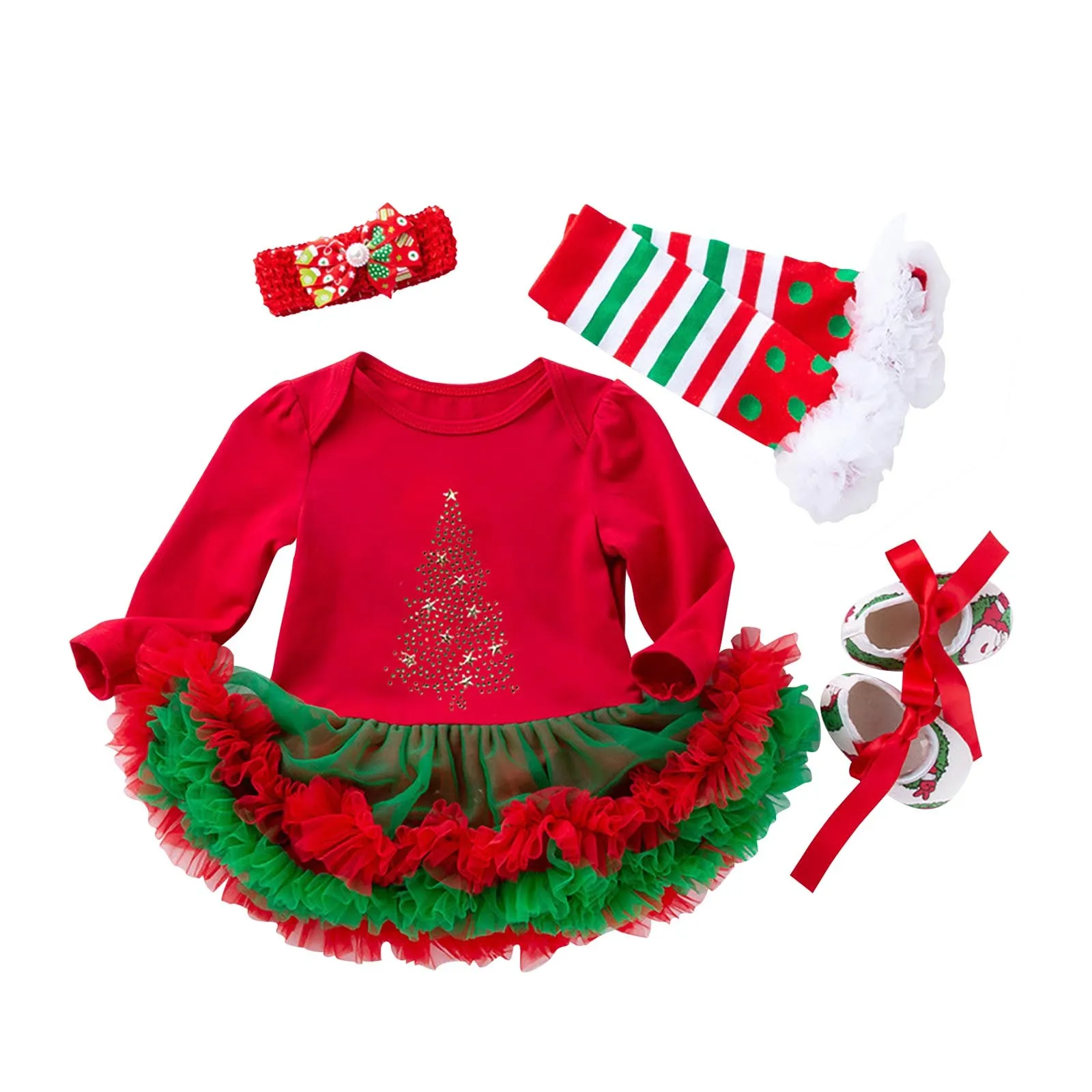 Christmas Baby Girl Holiday Clothes Baby Princess Haori Dress 4-piece Set Spring and Autumn Long-sleeved Red Green Wrap Dress