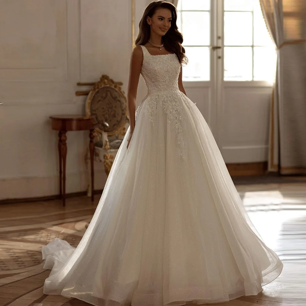 

Fashion Sleeveless Square Collar Customized Bridal Gowns Luxury Appliques Pearls Wedding Dress Classic Organza Vestido De Novia